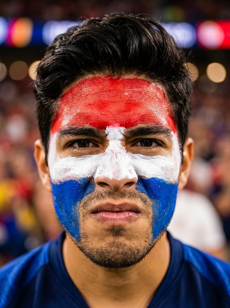 Bold tricolor face paint across cheeks and forehead, fierce fan expression with packed colorful stadium background.