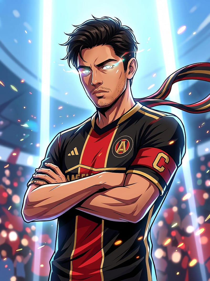 Anime-style team captain with glowing eyes and dramatic wind effect, captain armband visible, commanding leader pose.