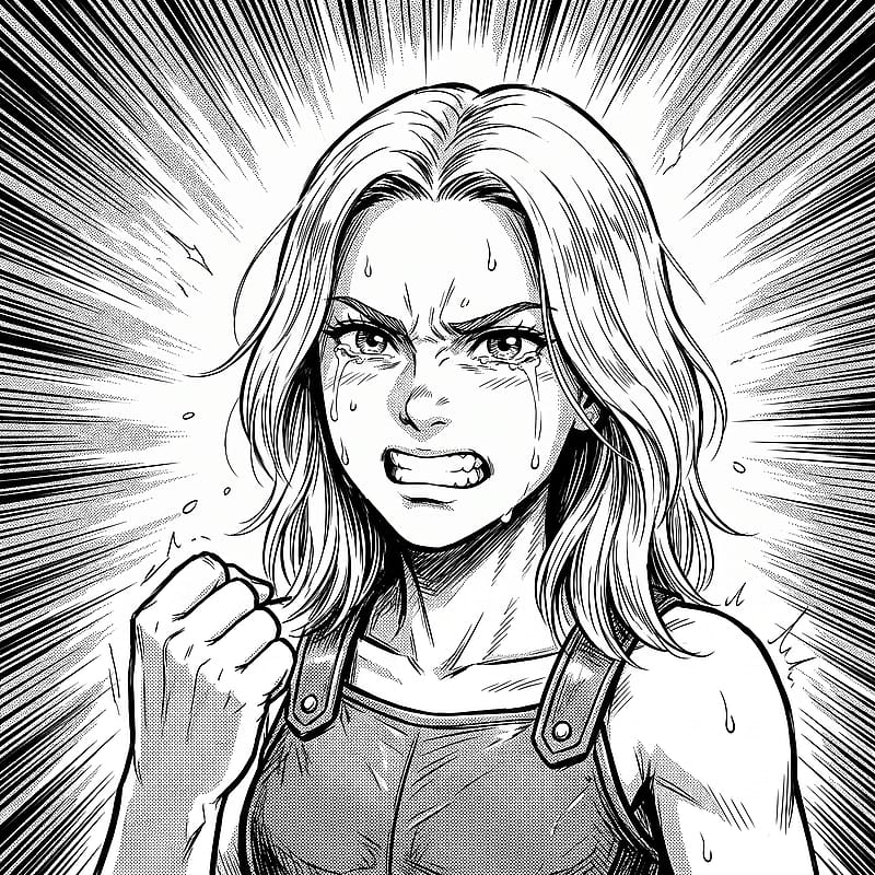 Monochrome manga PFP of a teary-eyed female warrior with iron resolve, clenched fist and bursting spirit speed lines.