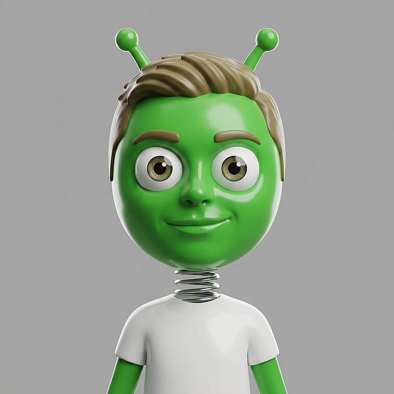 Bobblehead toy alien with an oversized green head, big eyes and antennae on a clean display background.