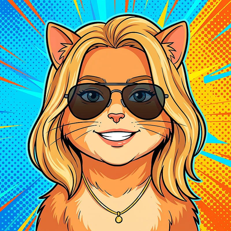 Cartoon cat wearing dark sunglasses and a gold chain, cool confident vibe, vibrant pop-art background.