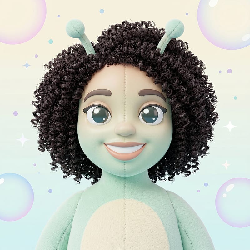 Soft mint-green plush alien toy with big glossy eyes and antennae on a pastel bubble background.