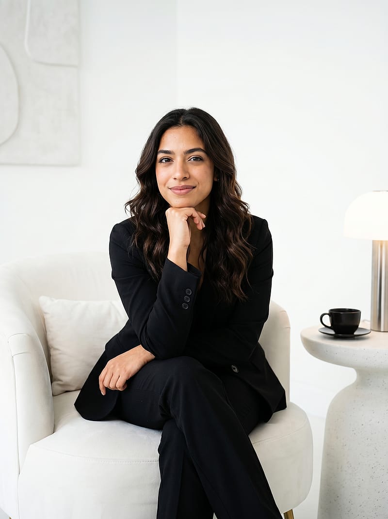 Confident portrait in a black suit on a white chair, hand beneath chin, pure white studio background.