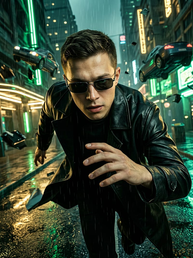 Cyberpunk action portrait mid-leap in neon-lit rainy city with green-gold lighting, leather trench coat, and floating debris.