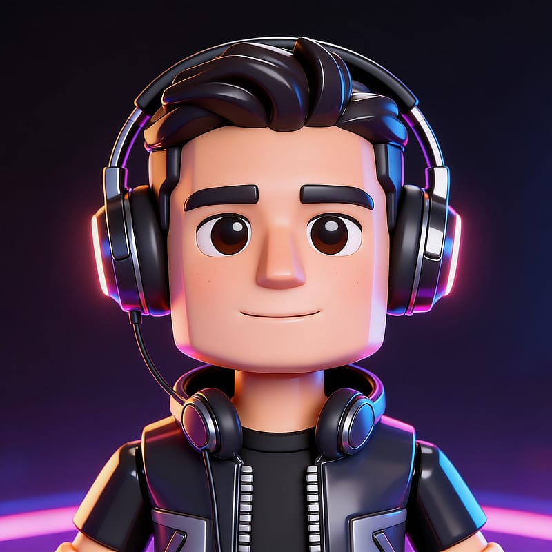 Modern Roblox-style 3D avatar styled with headphones and a modern jacket, edgy gamer vibe, glossy render on a neon backdrop.