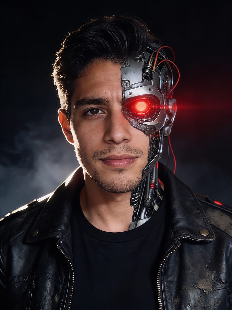 Half-human half-cyborg portrait with glowing red mechanical eye and metal wiring, dark smoky cinematic atmosphere.
