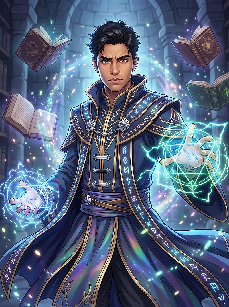 Fantasy anime mage portrait with glowing magical aura, elaborate mystical robes, and swirling spell effects in rich detail.