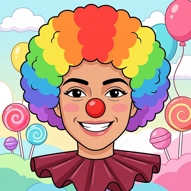 Cute friendly cartoon clown with rainbow curly wig and red nose, cheerful candy-land vibe.