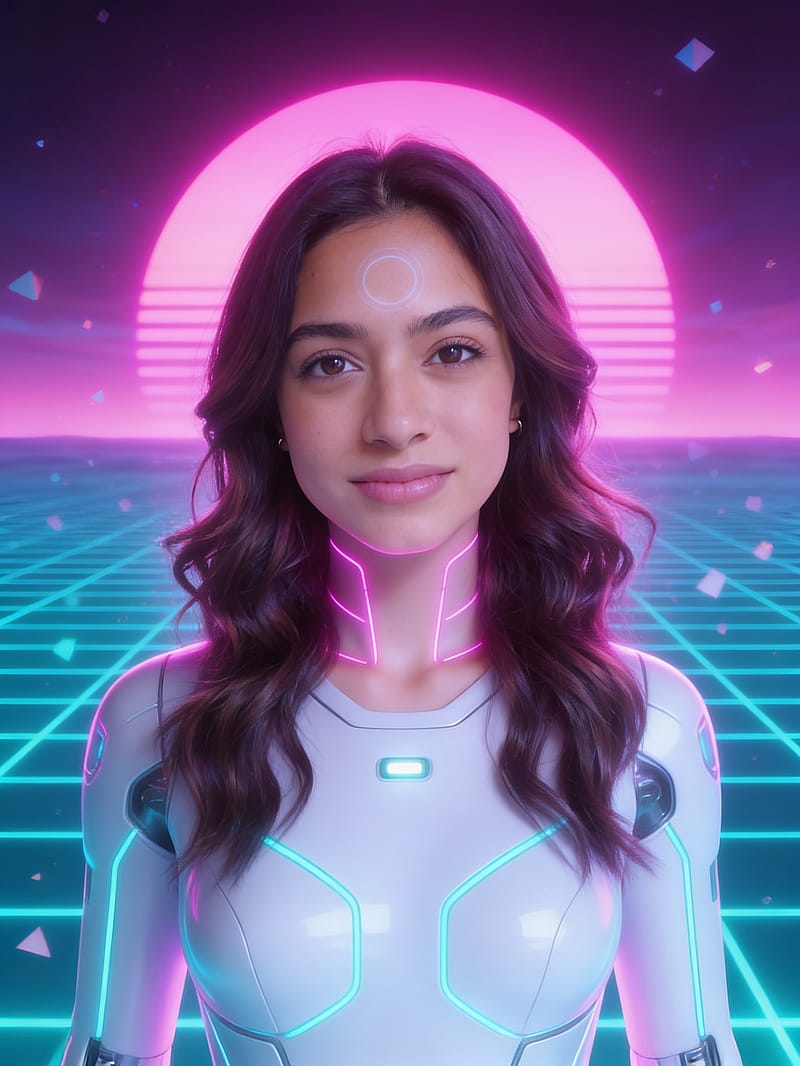 Ethereal synthwave android OC with glowing seam lines and a magenta-cyan grid horizon behind.