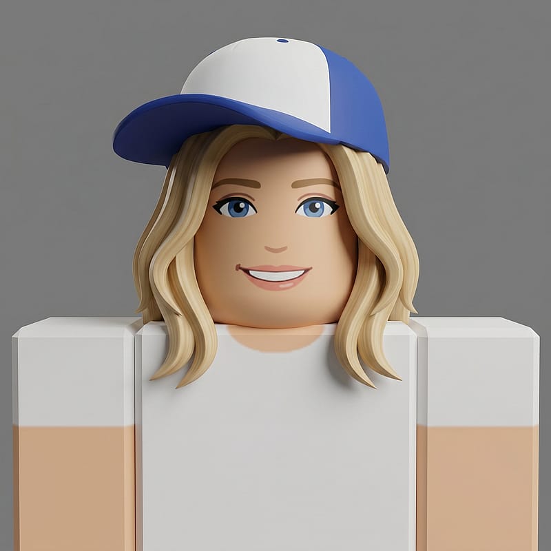 Classic Roblox blocky avatar wearing a sporty cap, vibrant plastic 3D render, clean studio backdrop.