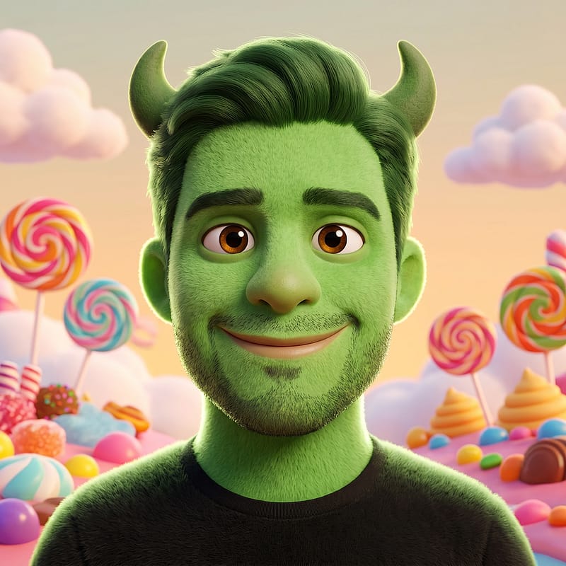 Cute round friendly green cartoon monster with small horns and a big smile, soft fantasy mascot vibe.