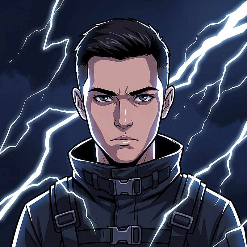 Anime character backlit by dramatic electric lightning bolts, dark stormy background, intense energy vibe.