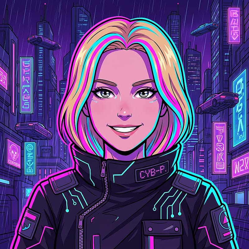 Anime cyberpunk girl with neon pink and cyan hair accents, glowing techwear, dark cybercity backdrop.