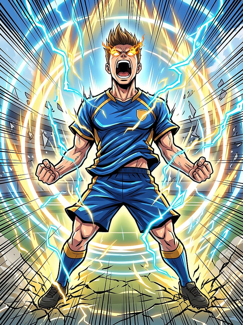 Anime power-up transformation of a football fan with explosive energy burst, glowing aura and dynamic action lines.