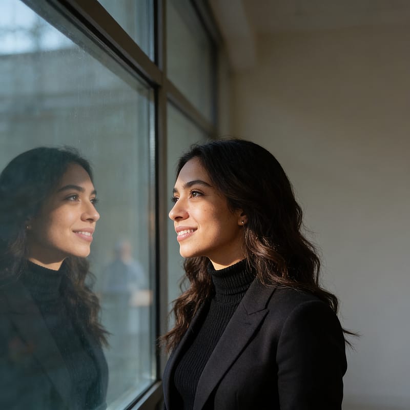 Cinematic close-up by a large window in a turtleneck and blazer, soft natural light with introspective mood.