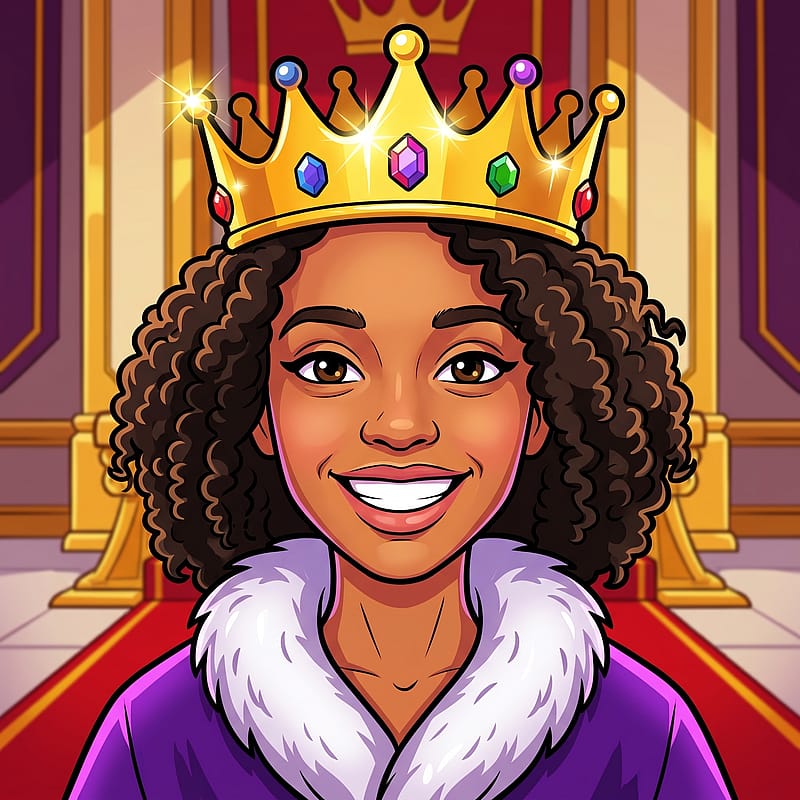 Cartoon character wearing a shiny golden toy crown and royal robe, meme royalty vibe, throne background.