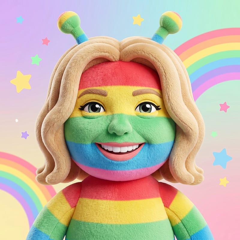 Colorful rainbow plush alien toy with big happy eyes and antennae on a bright pastel background.