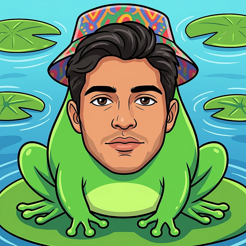 Cartoon frog wearing a bucket hat and sitting calmly, deadpan meme vibe, lily-pad pond background.