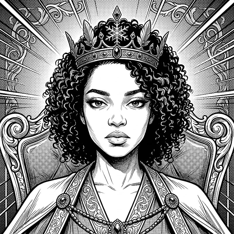 Black-and-white manga PFP of a cold queen on a throne, regal glare with ornate ink screentone and halftone backdrop.
