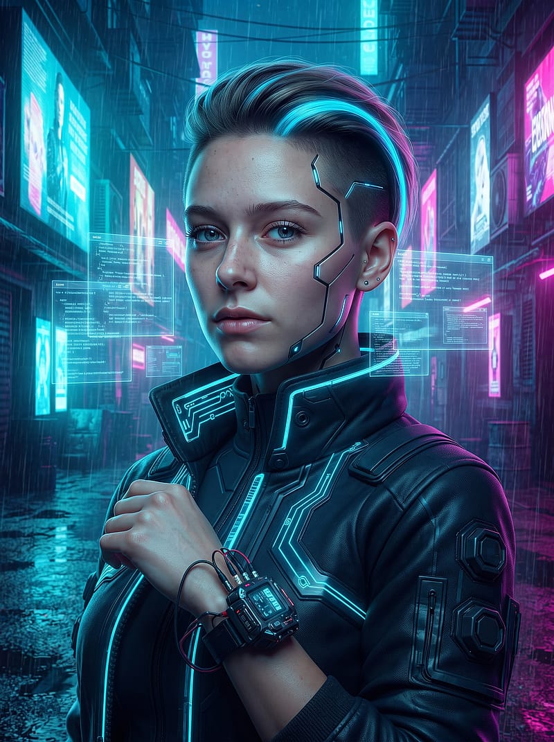Neon-wired cybernetic hacker OC with a glowing blue jaw interface and holographic code screens.