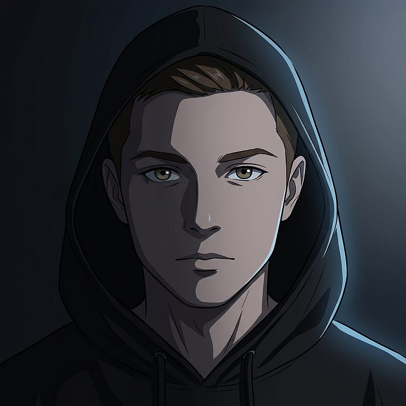 Anime boy with hood pulled up, face half in shadow, moody dark aesthetic, mysterious Discord vibe.