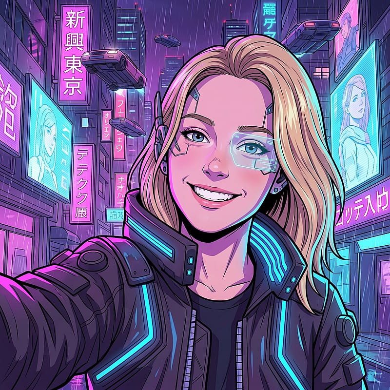 Futuristic cyberpunk anime portrait with neon-lit cityscape, tech accessories, and vibrant sci-fi color palette.