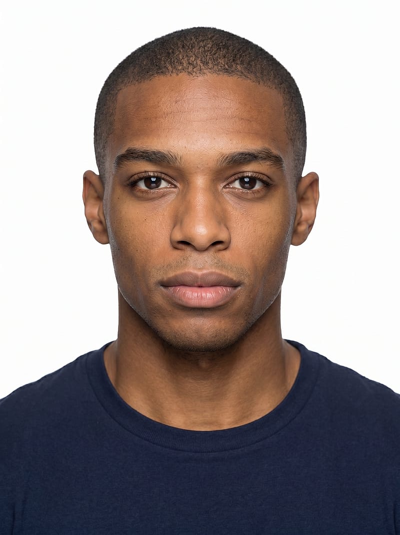 Ultra-clean minimalist headshot with pure white background, simple attire, neutral expression for passport and ID use.