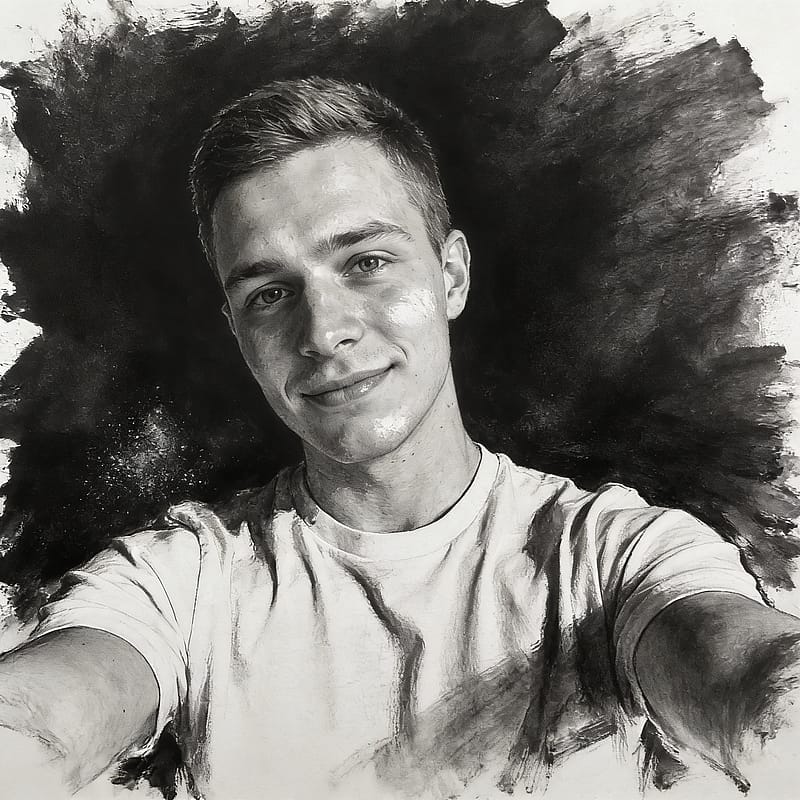 Moody charcoal sketch portrait on textured paper with heavy shadows and dramatic contrast, smudged edges
