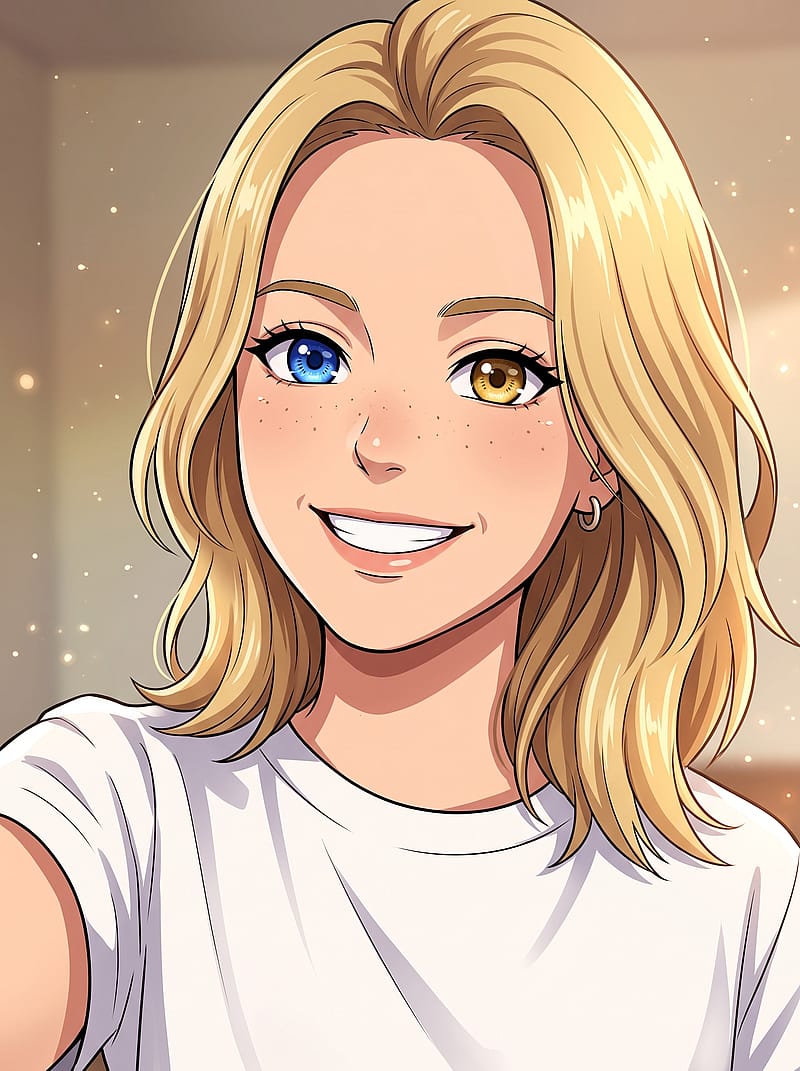 Vibrant anime OC with one blue and one gold heterochromatic eye, cel-shaded with crisp lineart and soft studio light.