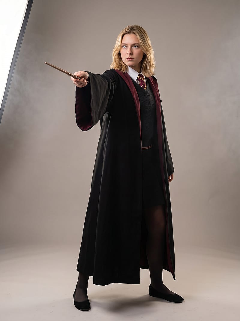 Young witch in a school robe casting a spell with a wand, burgundy-lined black robe, dynamic determined studio pose.