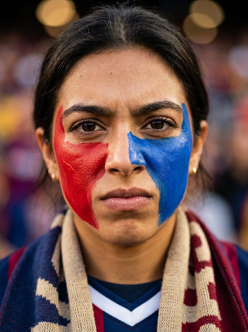Close-up portrait with bold national flag colors painted on cheeks and forehead, packed stadium crowd in soft background.