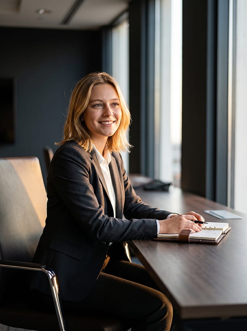 Cinematic office portrait in a tailored suit with warm golden-hour light streaming through tall windows and sleek desk.