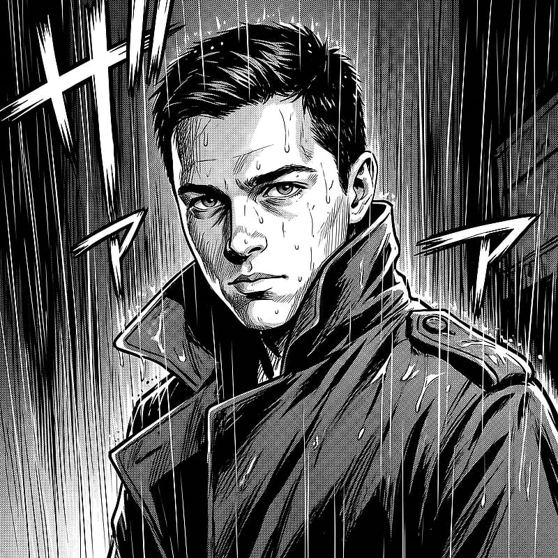 Black-and-white manga noir PFP in a trenchcoat under heavy rain, sharp ink rain streaks and brooding shadow.