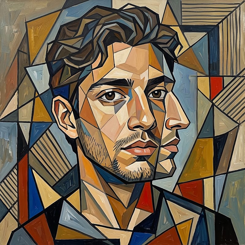 Cubist abstract portrait with fragmented geometric planes, multiple perspectives, and bold angular Picasso-inspired shapes.