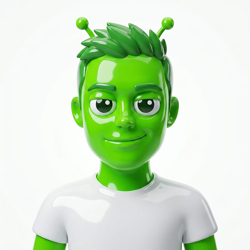Glossy 3D plastic toy alien with bright green skin, big round eyes and antennae on a clean backdrop.
