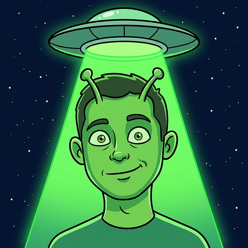 Cartoon alien lit by a glowing green UFO tractor beam under a starry night sky with a hovering saucer.