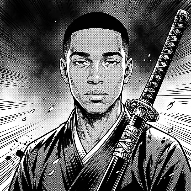 Black-and-white manga PFP of a stoic samurai resting a katana on one shoulder, ink speed lines and floating embers.