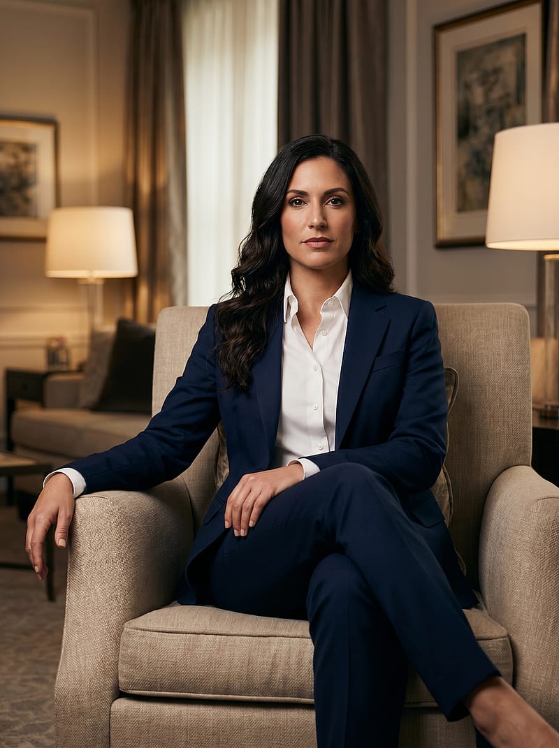 Corporate portrait in a beige armchair wearing a navy suit, warm office lighting and approachable posture.