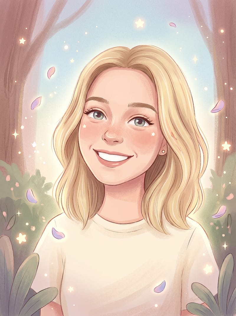 Children's book illustration portrait with soft pastel colors, whimsical storybook atmosphere and dreamy quality