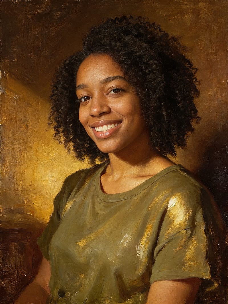 Traditional oil painting portrait with rich impasto brushstrokes, classical composition, and warm golden tones.