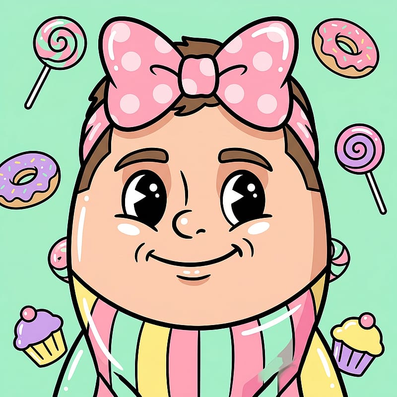Cheerful cartoon mascot wearing a big polka-dot bow and colorful candy-striped outfit, sweet vintage vibe.