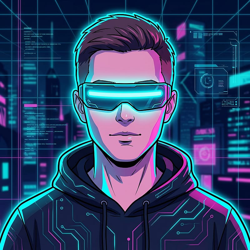 Anime character with a glowing neon cyberpunk visor across the eyes, techwear outfit, dark cybercore background.