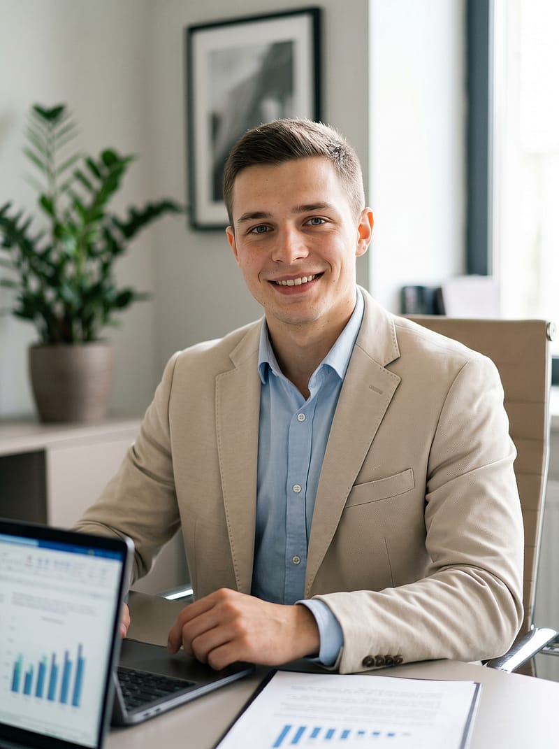 Clean professional portrait at a modern office desk with laptop, beige blazer and approachable expression.