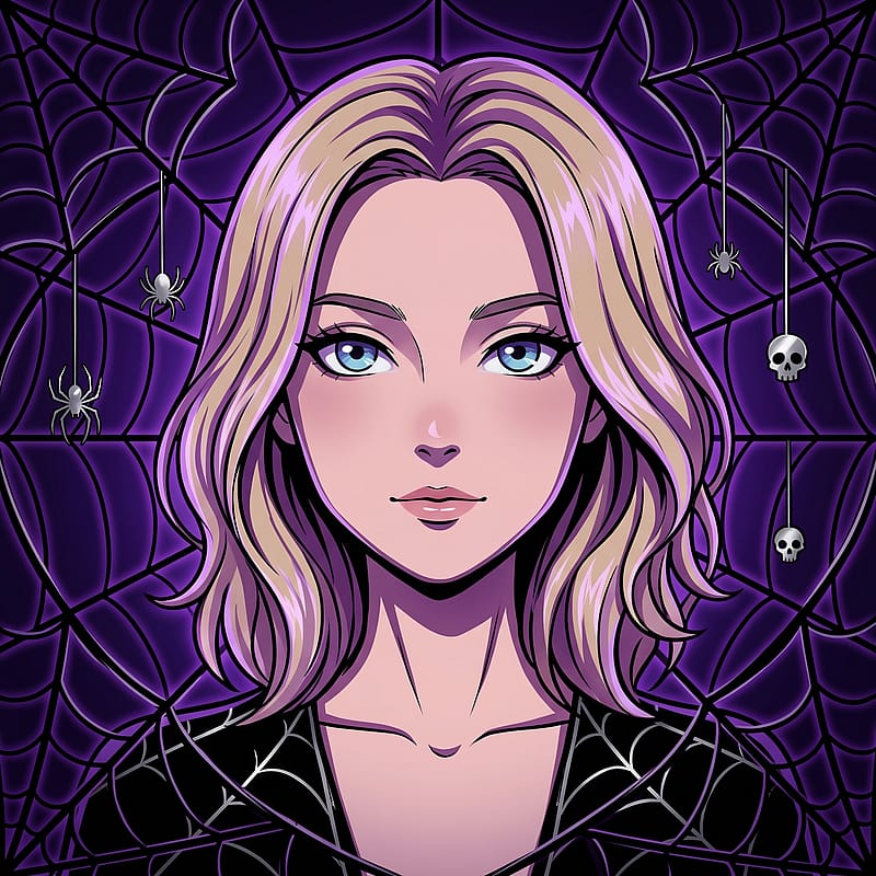 Anime character framed by a dark gothic spider web, moody black-and-purple palette, mysterious aesthetic.