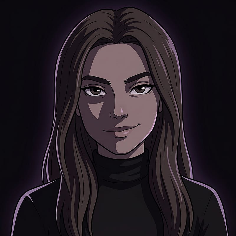 Edgy anime girl with dark hair, confident smirk, black outfit, deep shadow background, aesthetic mood.