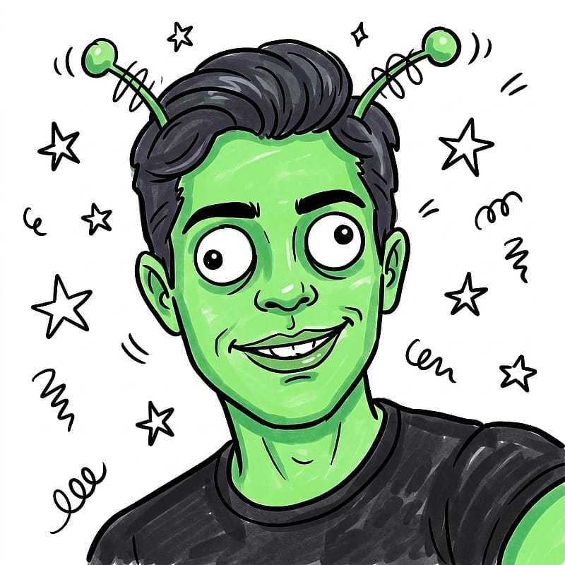 Hand-drawn goofy doodle alien with a silly green face, big wonky eyes and antennae on a doodle background.