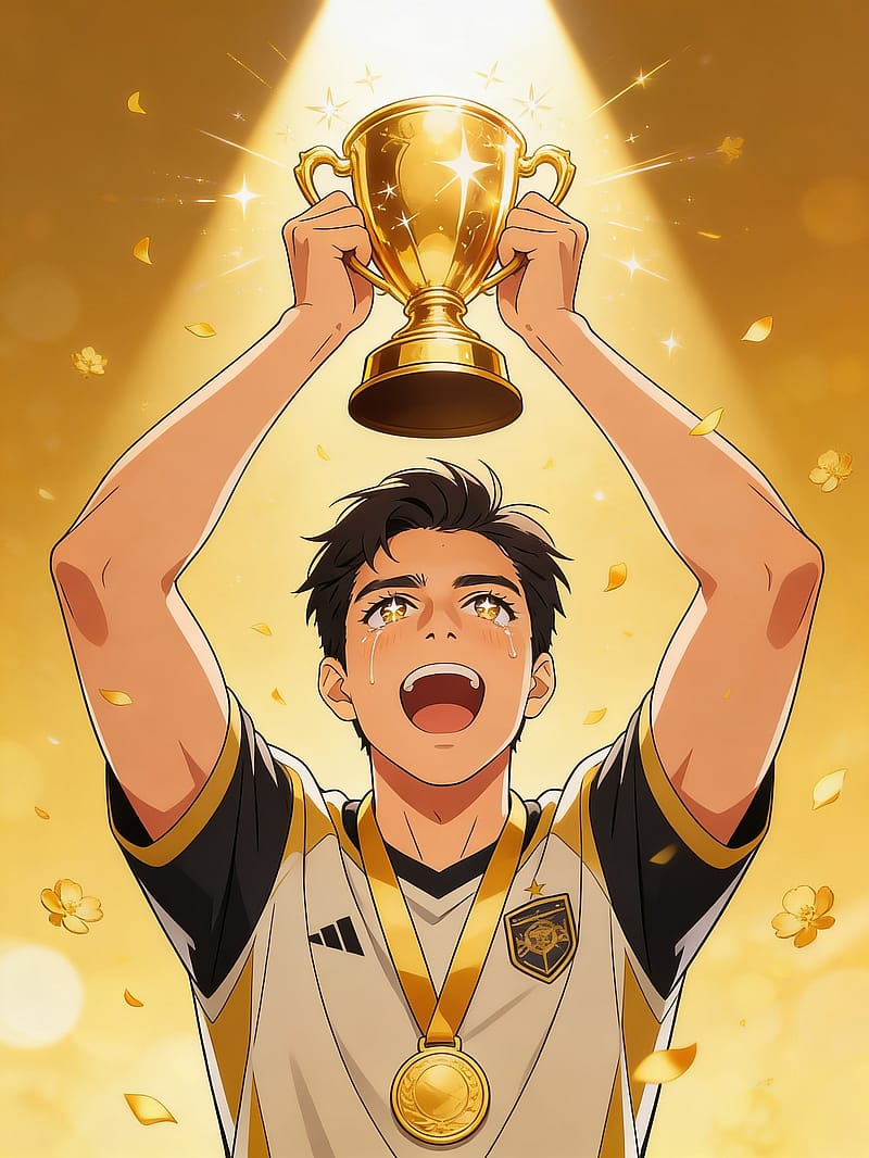 Anime-style champion lifting a golden trophy with tears of joy, dramatic spotlight and falling flower petals.