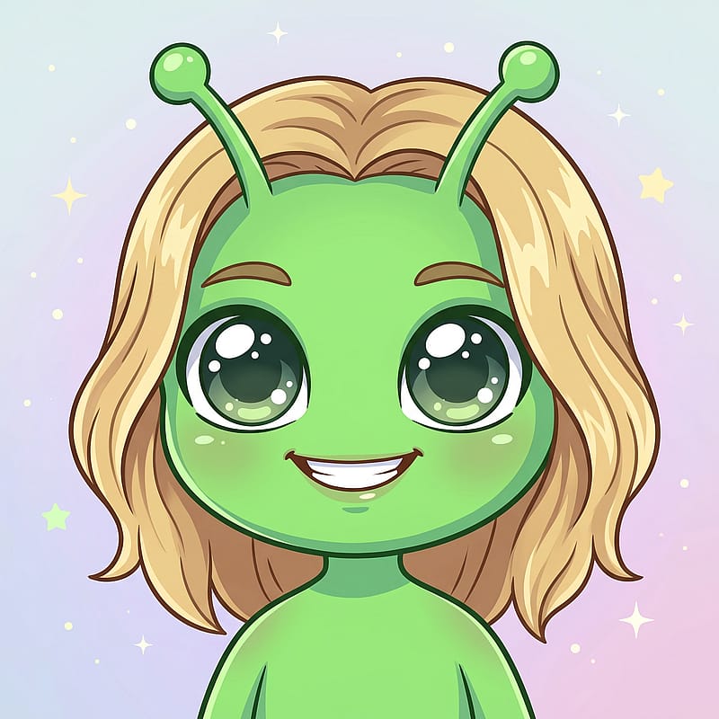 Adorable chibi alien with a tiny round green body, huge shiny eyes and antennae on a pastel background.