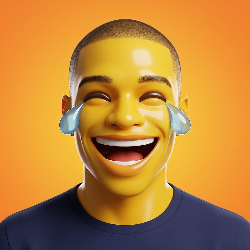 Yellow emoji-style face crying with laughter, tears streaming, classic meme vibe, plain yellow background.