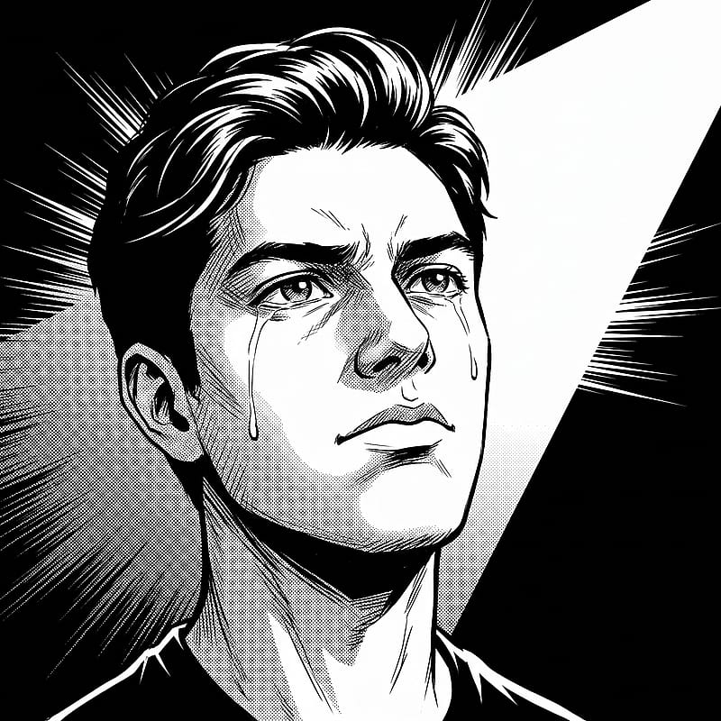 Monochrome manga PFP under a harsh stage spotlight, single ink tear and dramatic upward-angled conviction.